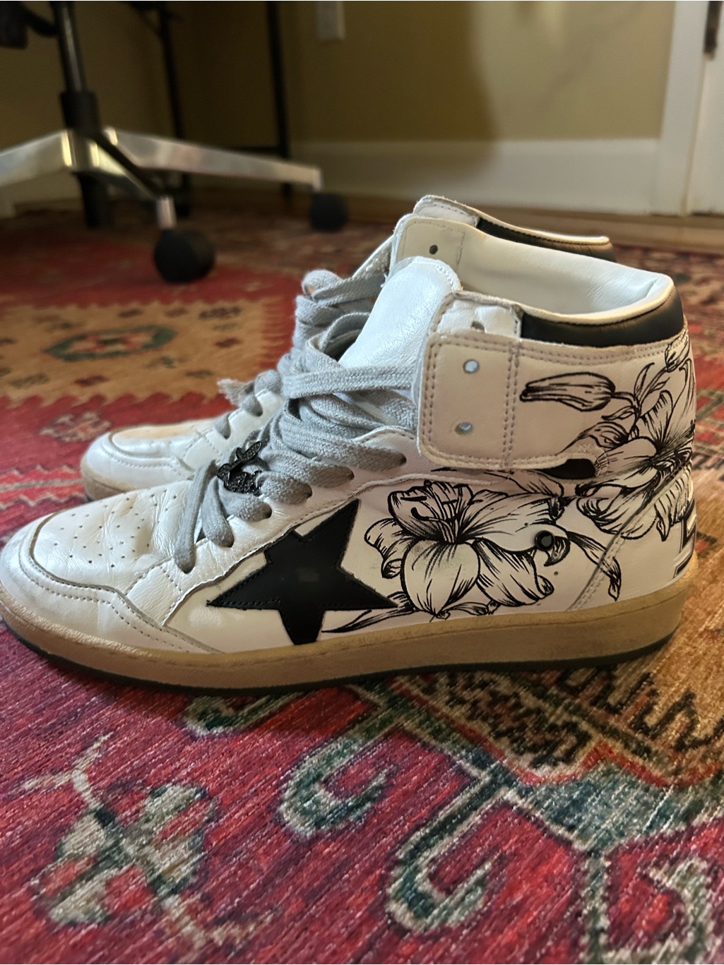 Custom White High-Top Sneakers With Black Star & Floral Graphic